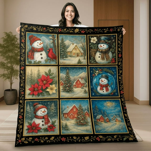 Snowman Christmas Quilt Blanket - Holiday Winter Quilt with Poinsettias, Snowy Cabins & Christmas Trees, Vintage Xmas Gift Blanket, Merry Xmas, Festive Christmas Holiday Gift