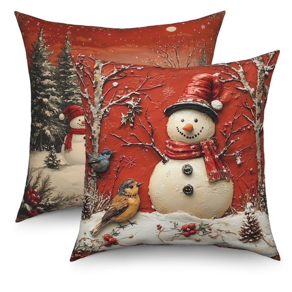 Snowman Christmas Red Throw Pillow Covers 18x18 Set of 2,Winter Xmas Linen Pillow Cases for Bedroom Sofa Couch
