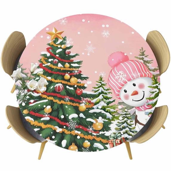 Snowman Christmas Round Tablecloth, Fitted Table Cover with Elastic for 36"-44" Round Tables, Green Xmas Tree Ball Snowflake Winter Table Cloth Outdoor Indoor Dinning Party Waterproof Tablecloths