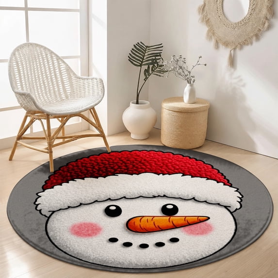 Snowman Christmas Round Velvet Area Rug Soft Plush Holiday Carpet Kids Room Bedroom Living Room Decoration SPXUBZ 39.4"×39.4"