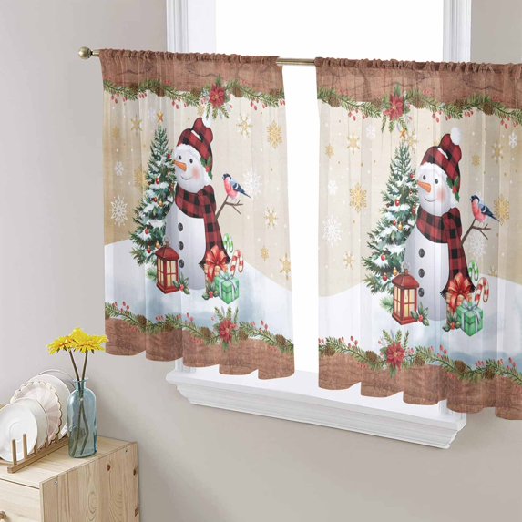 Snowman Christmas Sheer Curtains 54 Inches Long, Xmas Tree Snowflake Gifts Winter Light Filtering Window Curtains for Living Room/Bedroom, Rod Pocket Voile Sheer Curtain Drapes, 52"W x 54"L, 2 Panels