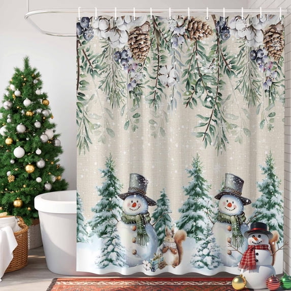 Snowman Christmas Shower Curtain, 36" x 72", Winter Berries Xmas Tree Squirrels Rustic Waterproof Bathroom Curtain Washable Shower Curtain Set with 12 Hooks
