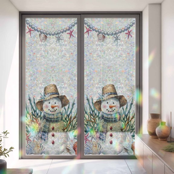 Snowman Christmas Starfish Shell Pearl Window Privacy Film,Decorative Windows Static Cling Sea Coral Retro Linen Heat Control Removable Glass Sticker for Home Bathroom Bedroom Window Door,35.4x78.7in