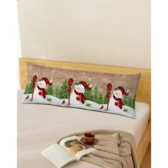 Snowman Christmas Throw Pillow Cover,Winter Holly Tree Snowflake Wooden Rectangle Decorative Pillow Case Protector Soft Cushion Cover Lumbar Pillowcase for Couch Sofa Bedroom Car Decor 20x54 Inch