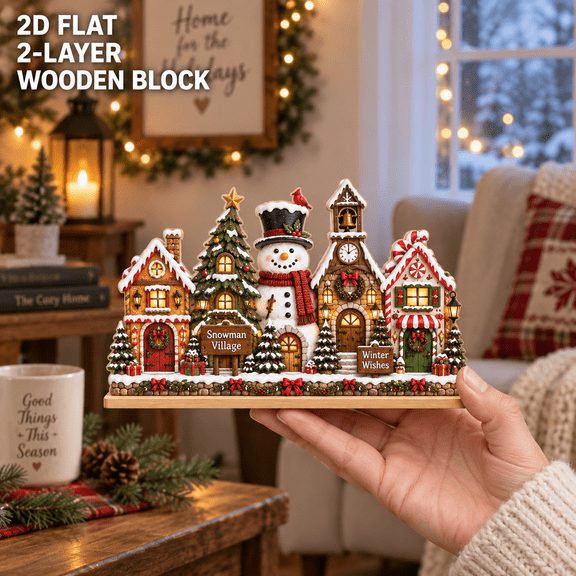 Snowman Christmas Town Wooden Block for Holiday Tabletop Decor