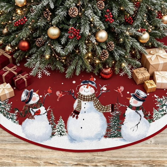 Snowman Christmas Tree Skirt 47 Inches, Red Backgrond Snowflake Pencil Tree Skirt, Winter Xmas Tree Mat Decorations for Home Party Holiday Decorations