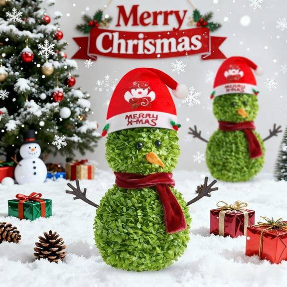 Snowman Christmas Tree - Topiary Outdoor,21.65 Inch Topiary Trees Artificial Outdoor,Faux Boxwood Bush Plants,Fake Cedar Potted With Ground Spike