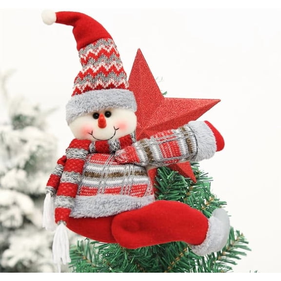 Snowman Christmas Tree Topper - Unique and Funny Xmas Plush Stuffed Snowman Hugger Decoration with Velcro for Christmas Tree, Wine Bottles, Curtains - Festive Holiday Decorations Gift