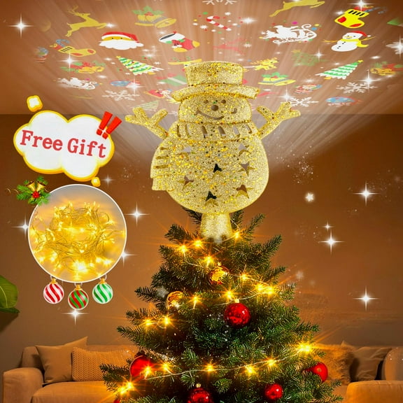 Christmas Tree Topper Light, Xmas Snowman Tree Topper Decoration with 32.8ft Warm White LED Lights and Rotating Projector 6 Modes, Gold