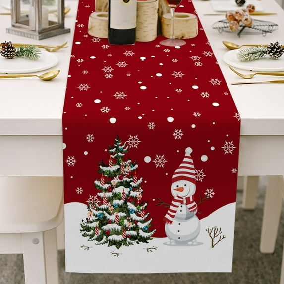 Snowman Christmas Trees Table Runner, Seasonal Winter Xmas Holiday Kitchen Dining Table Decoration for Indoor Outdoor Home Party Decor 13 x 72 Inch