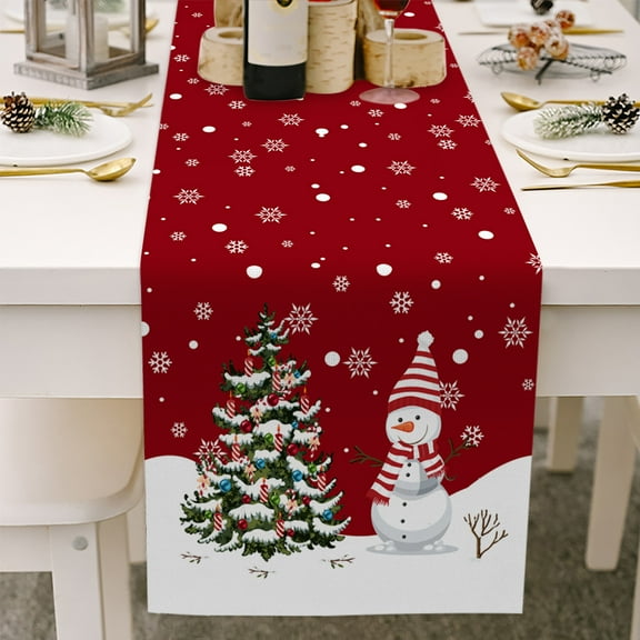 Snowman Christmas Trees Table Runner, Seasonal Winter Xmas Holiday Kitchen Dining Table Decoration for Indoor Outdoor Home Party Decor 13 x 72 Inch