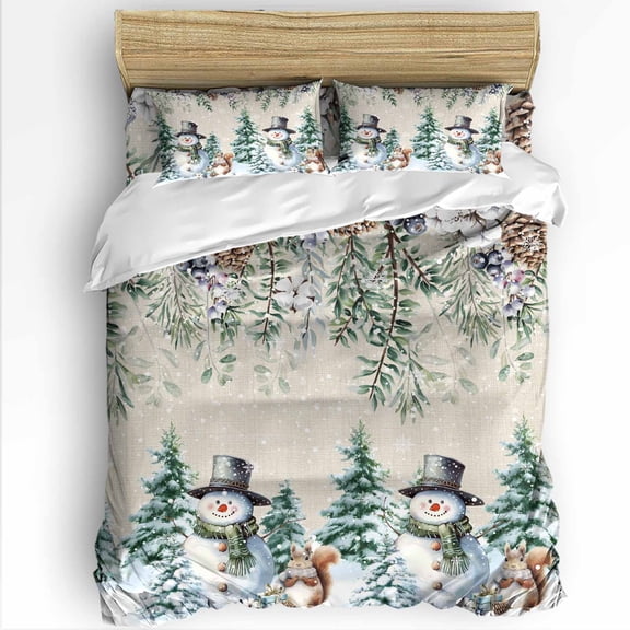 Snowman Christmas Twin Size Comforter Set, Winter Berries Xmas Tree Squirrels Rustic Soft Bedding for All Seasons, 4 Pcs Bed Set with 1 Comforter (68"x86") ,1Sheet(66"x116"), 2 Pillowcases (19"x29")