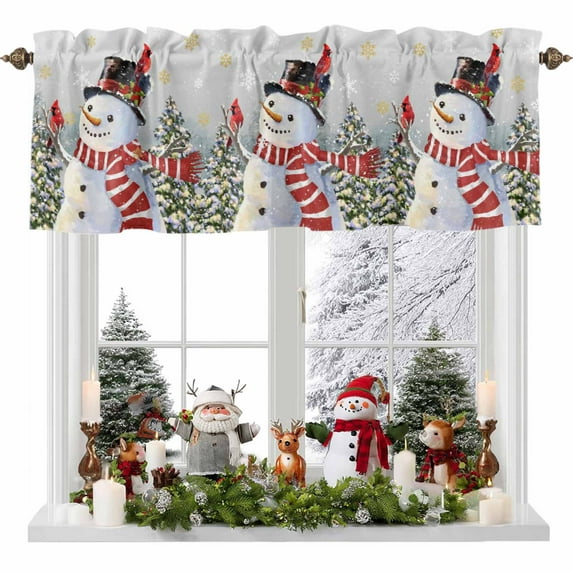 Snowman Christmas Valances for Windows, 54 x 18in, Winter Christmas Tree Snowflakes Gray Rod Pocket Kitchen Valance Curtain Light Filtering Window Treatments for Living Room Bedroom, 1 Panel