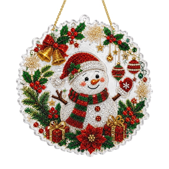 Snowman Christmas Wreath 8 Inch Crystal Suncatcher, Hanging Christmas Ornament for Window Wall Home Holiday Decor, 1 Pack