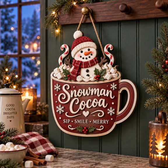 Snowman Cocoa Cup Wooden Sign Door Hanger Christmas Decor