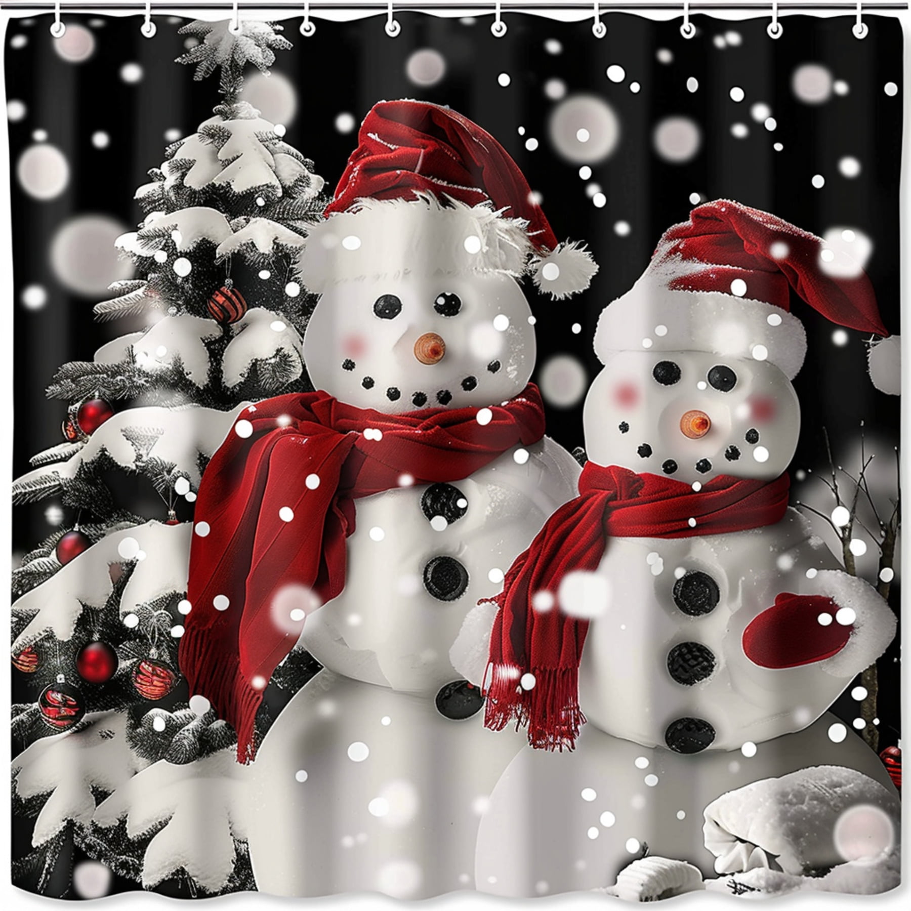 Snowman Couple Christmas Shower Curtain Red Scarf & Hat Falling Snow