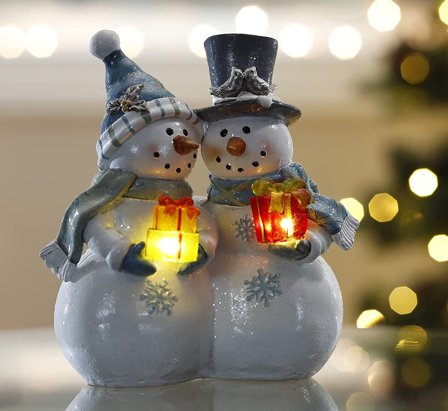 Snowman Couple Decor, Christmas Figurines Resin Snowman Lighted Snowmen