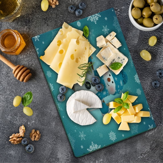 Snowman Cutting Board, Skiing with Ornate Snowflakes Winter Vacation Activity Fun Hobby, Decorative Tempered Glass Cutting and Serving Board, Small Size, Pale Brown Turquoise, by Ambesonne