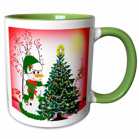 3drose, Snowman - Decorating the Tree, 11oz Two-tone Green Mug