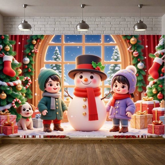 Snowman Design Christmas Banner Festive Red Green Xmas Display Kids Friendly Christmas Tree Decor Snowman Backdrop for Christmas Party Family Gathering Kids Celebration