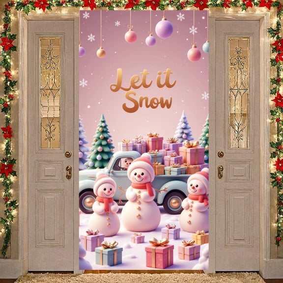 Snowman Design Christmas Banner Gold Lettering Winter Display Colorful Gifts Pink Tone Snow Backdrop for Christmas Party Winter Celebration Holiday Decoration