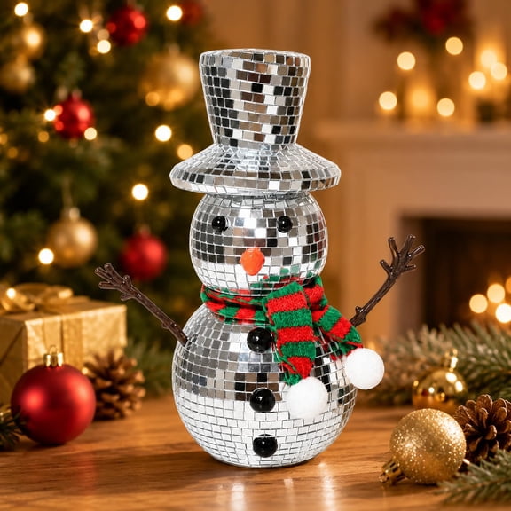 Snowman Disco Ball Decor Christmas Glitter Mirror Ornament Centerpiece | Inlaid Glass Design,Retro Light Reflection,Red White Scarf Detail,Easy Setup,Festive Table Decor,Ideal For Mantel, Shelf