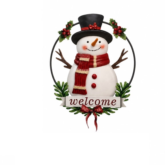 Snowman Door Wreath, Pine & Holly Accent, Seasonal Black Ring Frame, Winter Holiday Decor, Festive Entryway Home Ornament