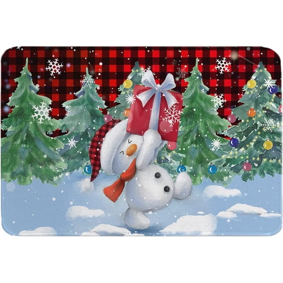 Snowman Doormat Absorbent Floor Mats, Xmas Tree Snowflake Red Black Plaid Non-Slip Front Door Mat Entry Door Rugs Outdoor Indoor Home Decorative, 16x24 Inch