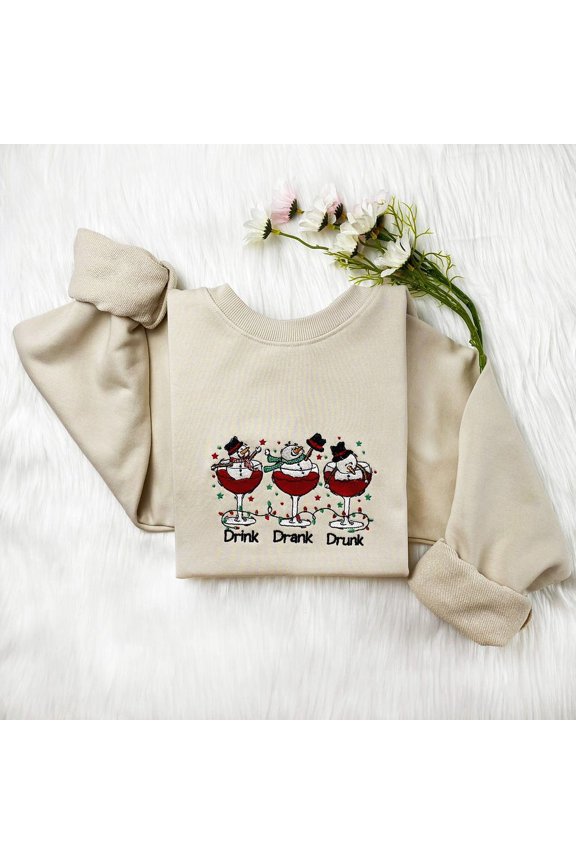Snowman Drink Drank Drunk Christmas Embroidered Sweatshirt