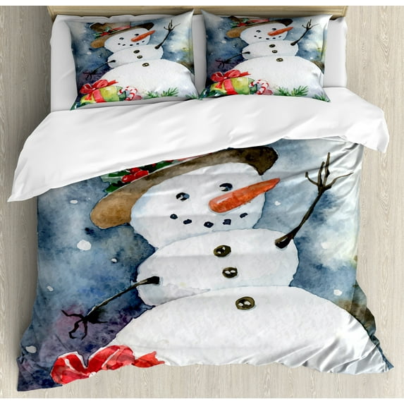 Snowman Duvet Cover Set King Size, Painting Like Design of a Snow Silhouette in a Christmas Hat with Presents, Decorative 3 Piece Bedding Set with 2 Pillow Shams, Multicolor, by Ambesonne