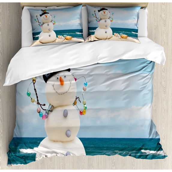 Snowman Duvet Cover Set King Size, Winter Vacation Holiday Theme Snowman with Seashells Sitting on Sandy Beach Coastal, Decorative 3 Piece Bedding Set with 2 Pillow Shams, Multicolor, by Ambesonne