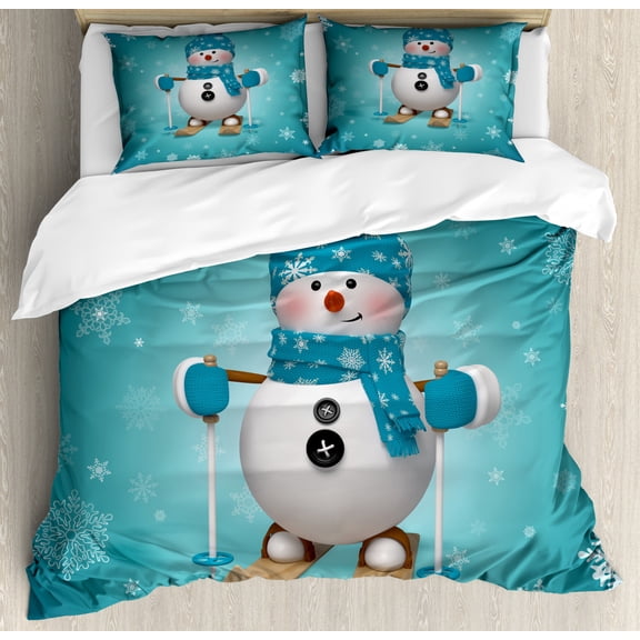 Snowman Duvet Cover Set Queen Size, Skiing with Ornate Snowflakes Winter Vacation Activity Fun Hobby, Decorative 3 Piece Bedding Set with 2 Pillow Shams, Turquoise White Pale Brown, by Ambesonne