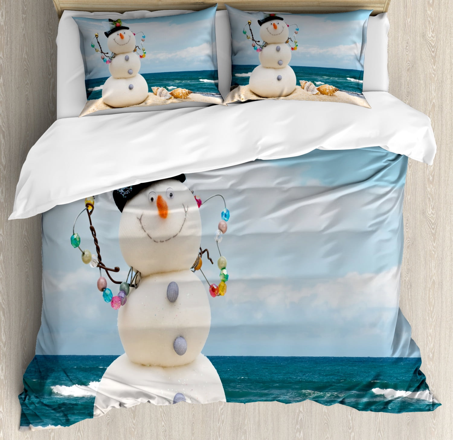 Snowman Coastal Beach Multicolor Queen Duvet Cover Set