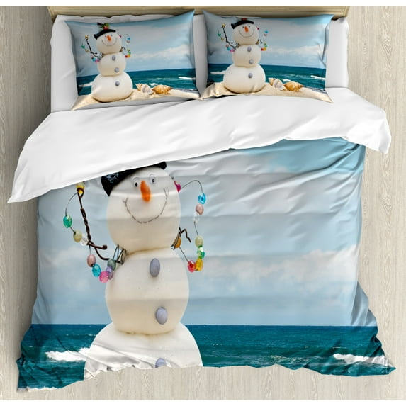 Snowman Duvet Cover Set Queen Size, Winter Vacation Holiday Theme Snowman with Seashells Sitting on Sandy Beach Coastal, Decorative 3 Piece Bedding Set with 2 Pillow Shams, Multicolor, by Ambesonne
