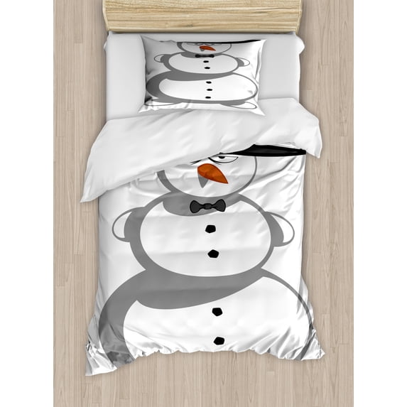 Snowman Duvet Cover Set Twin Size, Simple Holiday Graphic of a Grumpy Man from Snow in a Hat and a Bow Tie, Decorative 2 Piece Bedding Set with 1 Pillow Sham, Charcoal Grey White, by Ambesonne