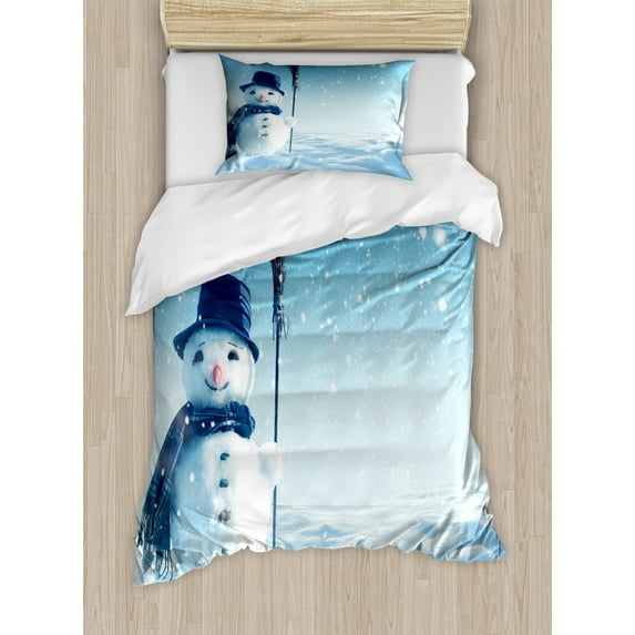 Snowman Duvet Cover Set Twin Size, Snow Covered Wintry Landscape with Cute Happy Snowman Cold Outdoors, Decorative 2 Piece Bedding Set with 1 Pillow Sham, Dark Blue Pale Blue White, by Ambesonne