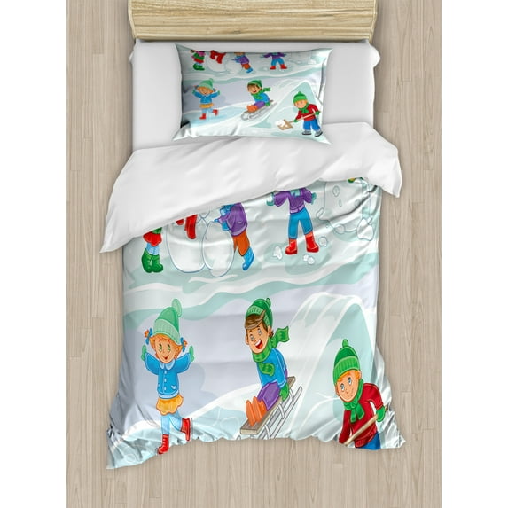 Snowman Duvet Cover Set Twin Size, Winter Time Illustration of Children Playing Snowball Sledding Ice Skating, Decorative 2 Piece Bedding Set with 1 Pillow Sham, Multicolor, by Ambesonne