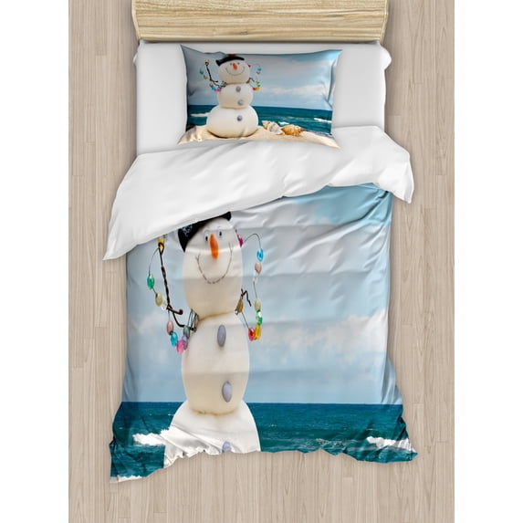 Snowman Duvet Cover Set Twin Size, Winter Vacation Holiday Theme Snowman with Seashells Sitting on Sandy Beach Coastal, Decorative 2 Piece Bedding Set with 1 Pillow Sham, Multicolor, by Ambesonne
