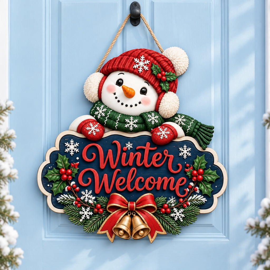 Snowman Earmuffs Winter Welcome Wooden Door Sign for Porch Entryway ...