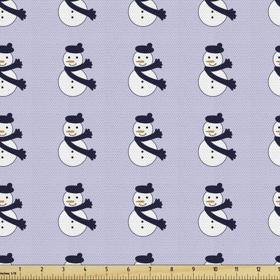 Snowman Fabric by the Yard, Repetitive Snowy Motifs with Scarfs Christmas Time Holiday Happiness, Upholstery Fabric for Dining Chairs Home Decor Accents, 5 Yards, Indigo Ceil Blue White by Ambesonne