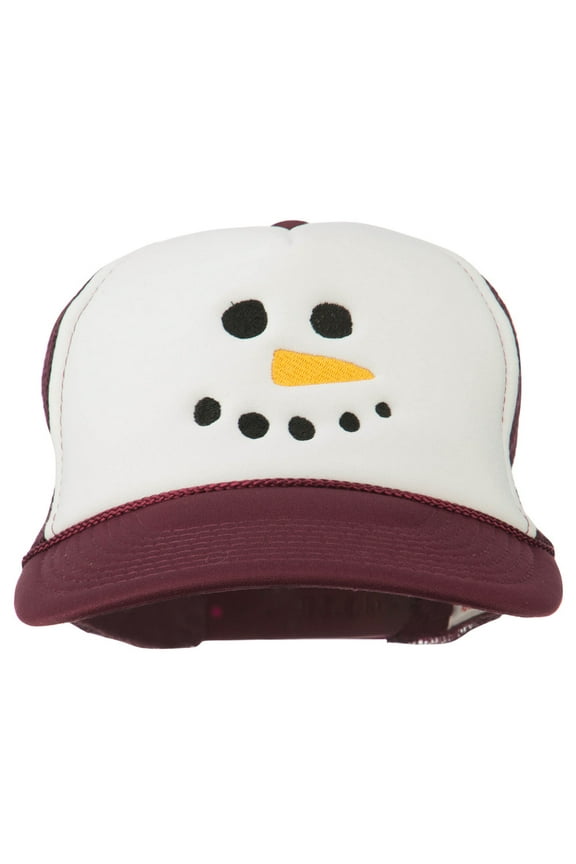 Snowman Face Embroidered Foam Mesh Cap - Maroon White OSFM