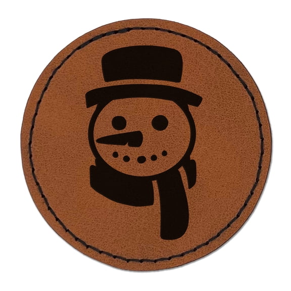 Snowman Face with Scarf Winter 2.5" Faux Leather Round Engraved Iron-On Patch - Brown