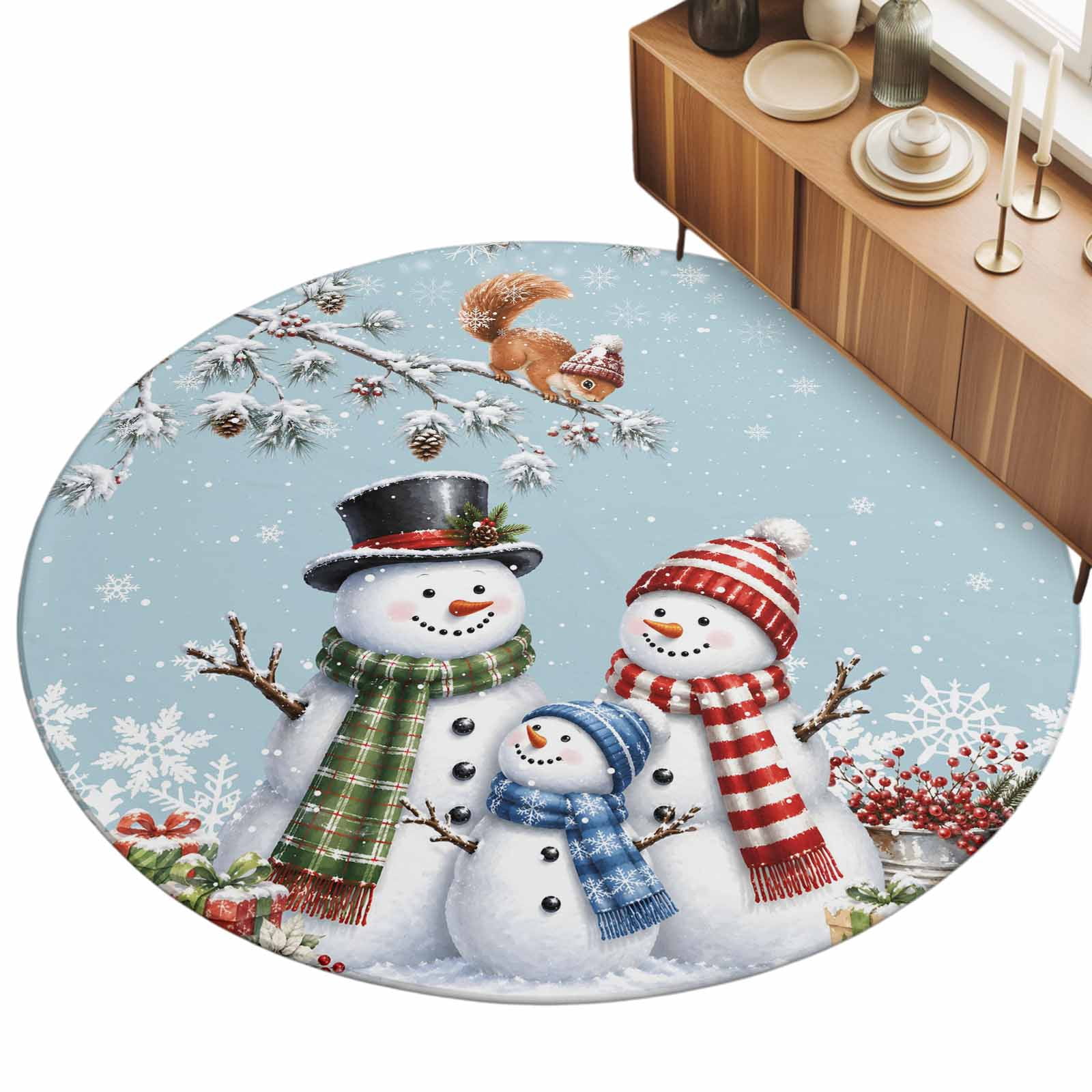 Snowman Family Area Rug 3', Modern Farmhouse Squirrel Pine Branch Ice ...