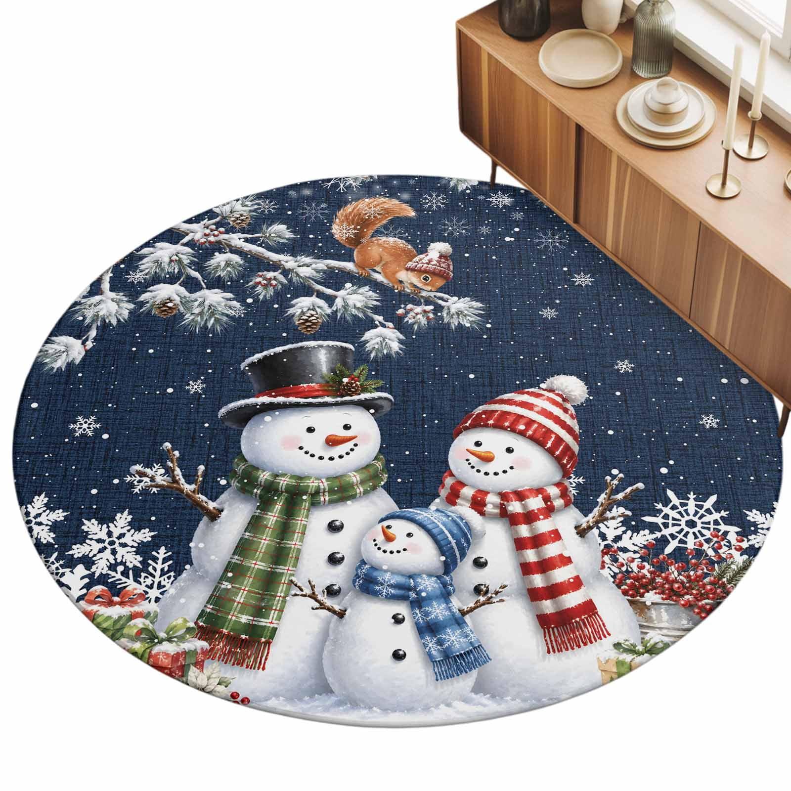Snowman Family Area Rug 8', Christmas Winter Squirrel on Pine Branch ...