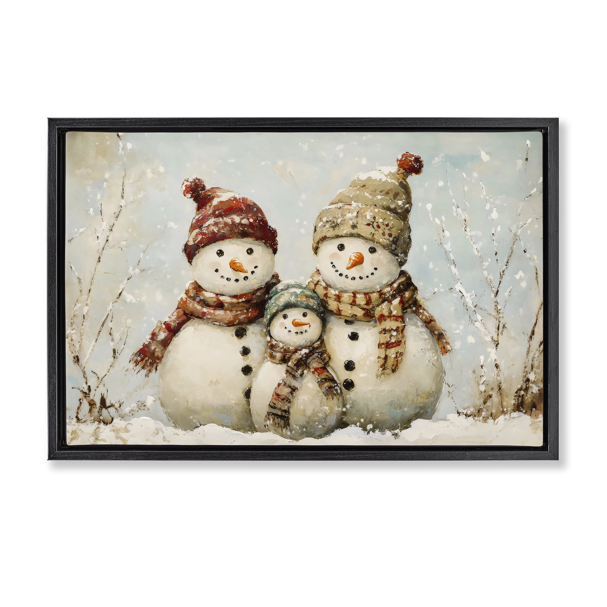 Snowman Family Of Three Black Framed Floater Canvas Wall Art, design by Petal Prints Design