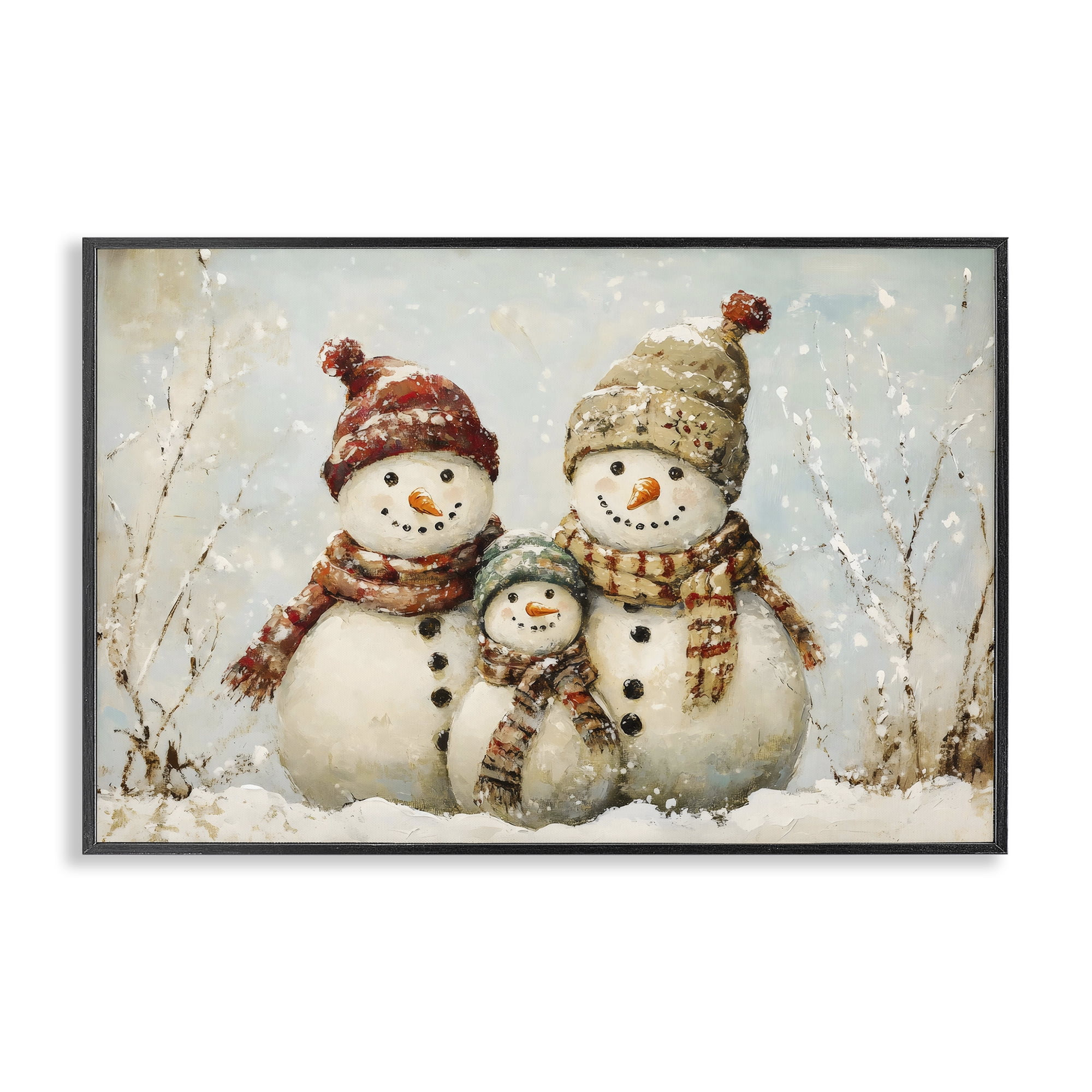 Snowman Family Of Three Black Framed Giclee Art, design by Petal Prints Design
