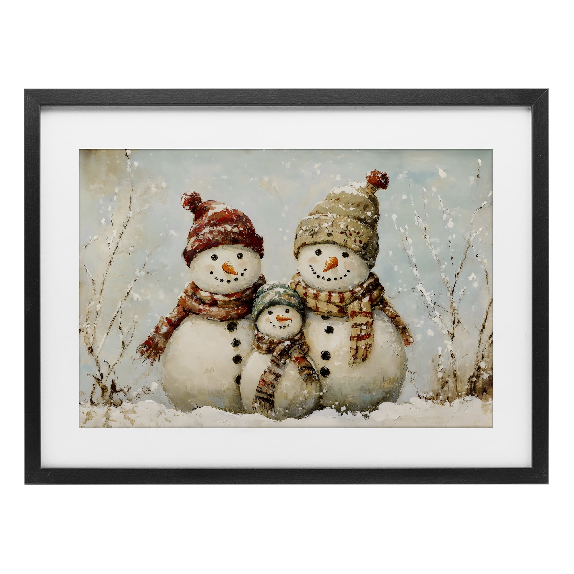 Snowman Family Of Three Black Framed Print Under Glass, design by Petal Prints Design