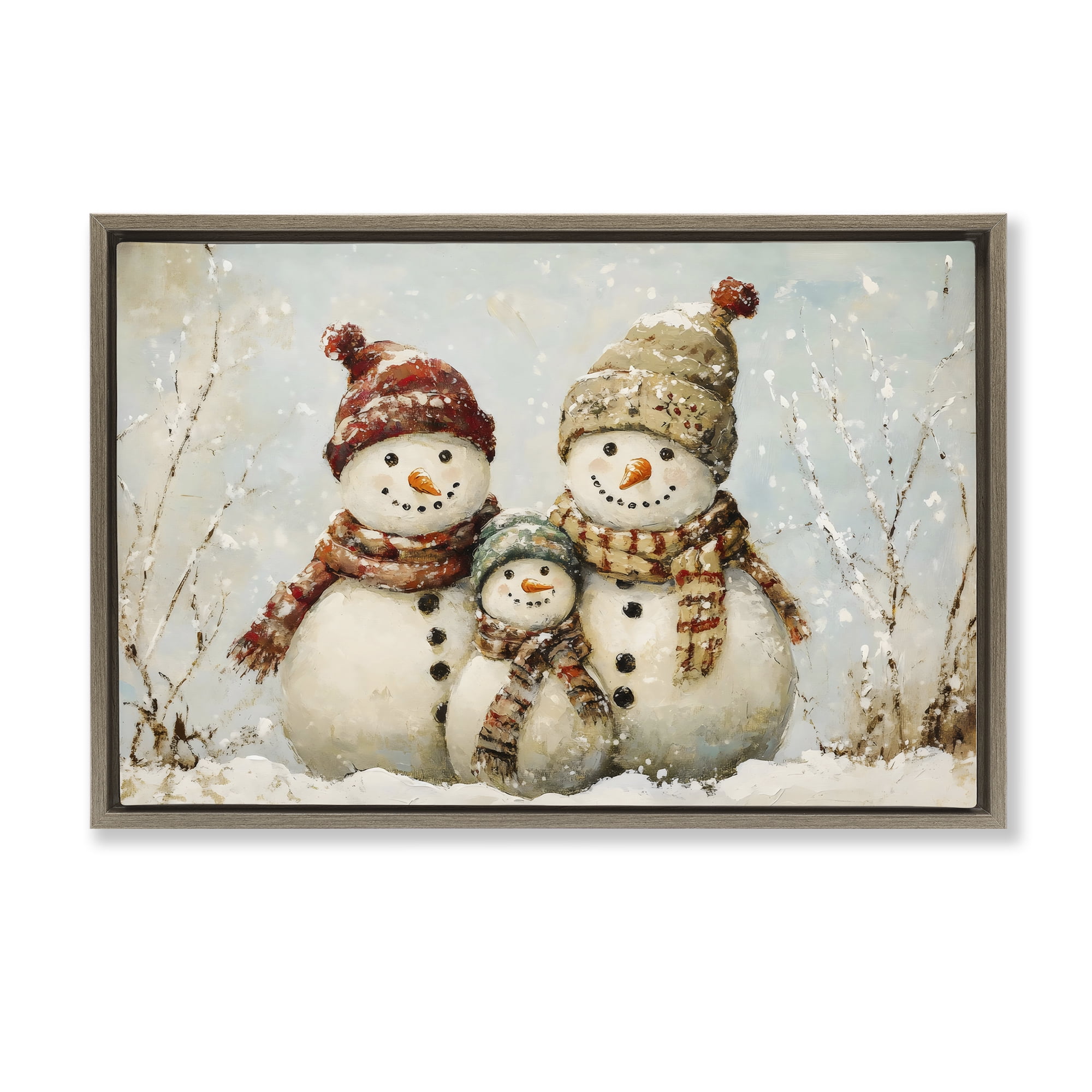Snowman Family Of Three Brown Framed Floater Canvas Wall Art, design by Petal Prints Design