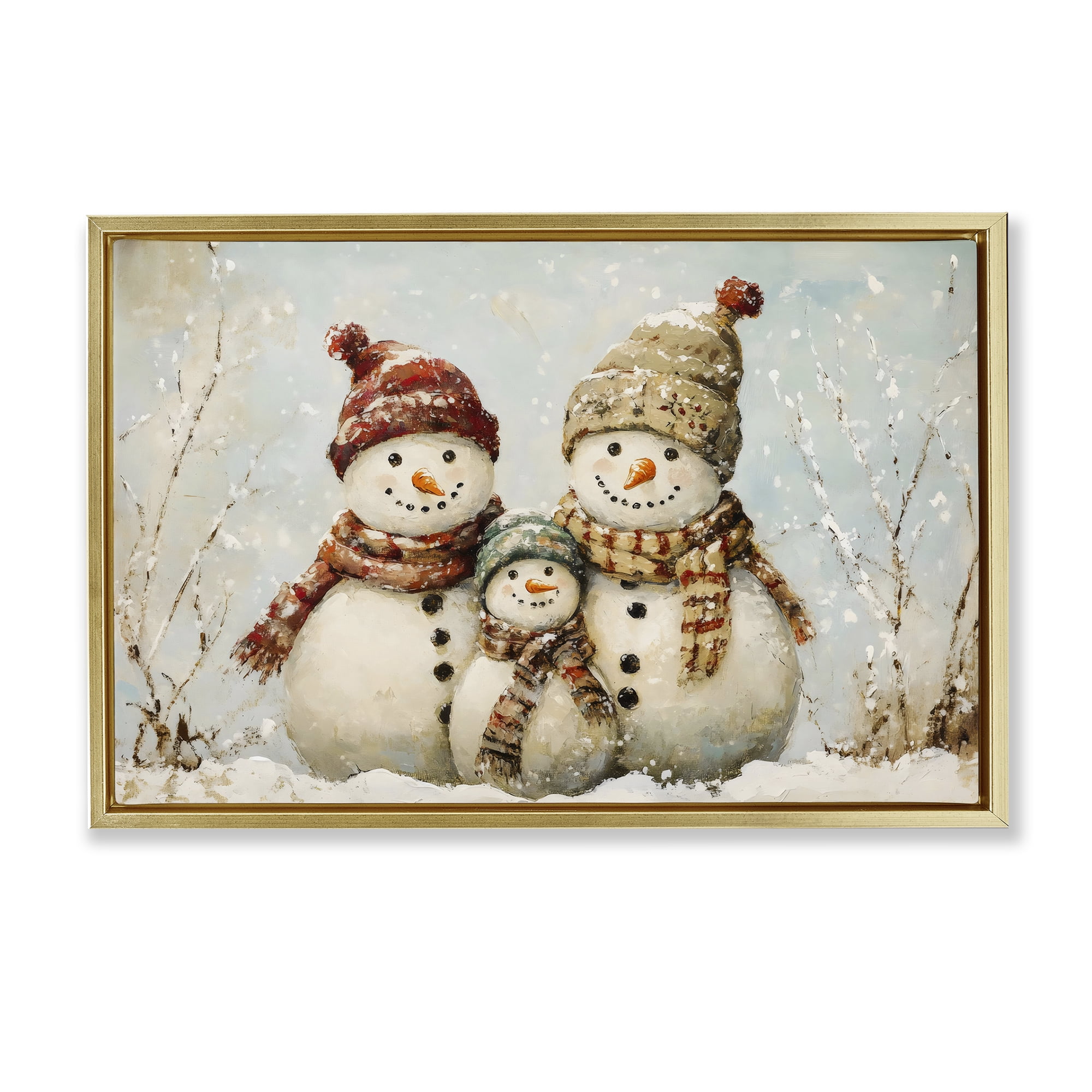 Snowman Family Of Three Gold Framed Floater Canvas Wall Art, design by Petal Prints Design