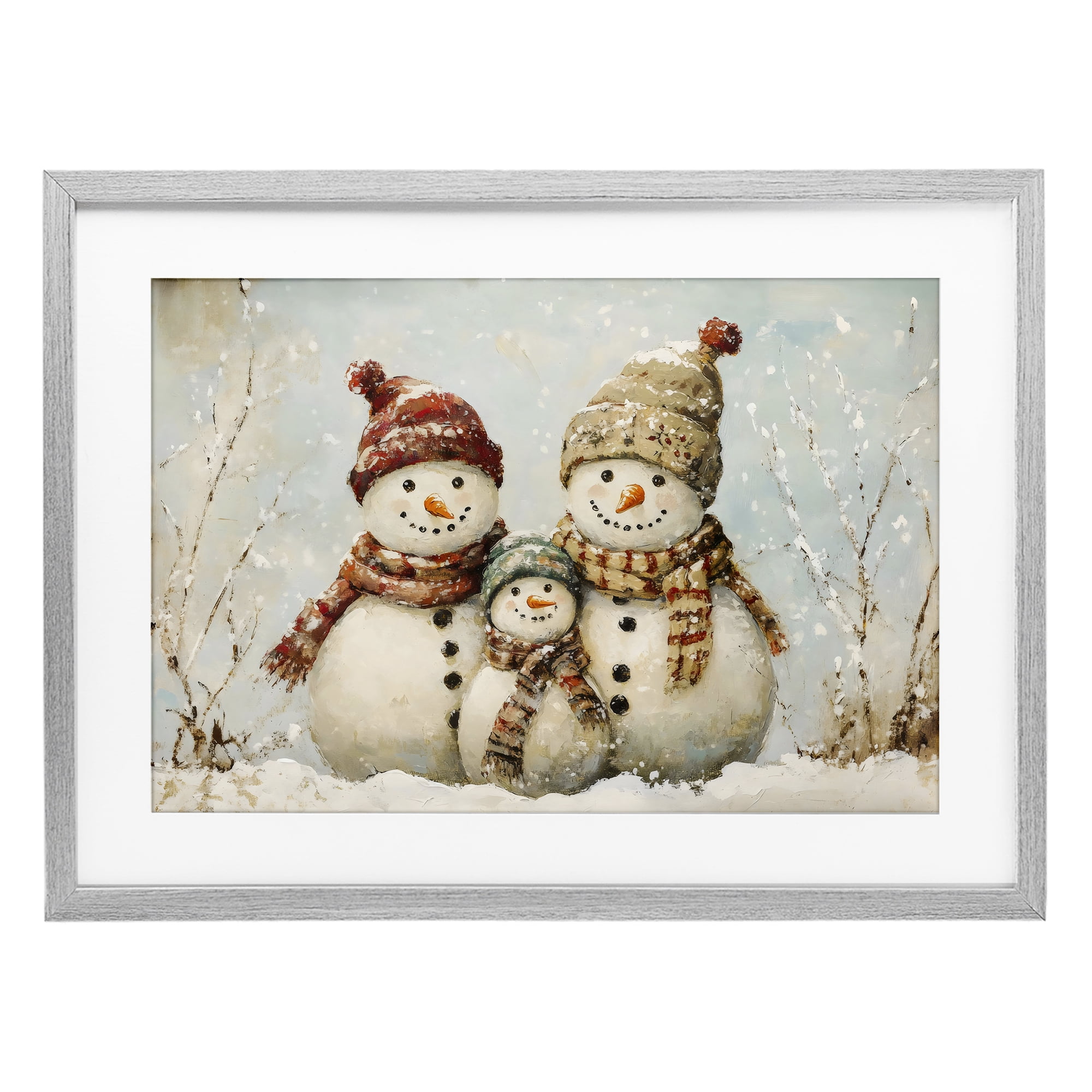 Snowman Family Of Three Gray Framed Print Under Glass, design by Petal Prints Design